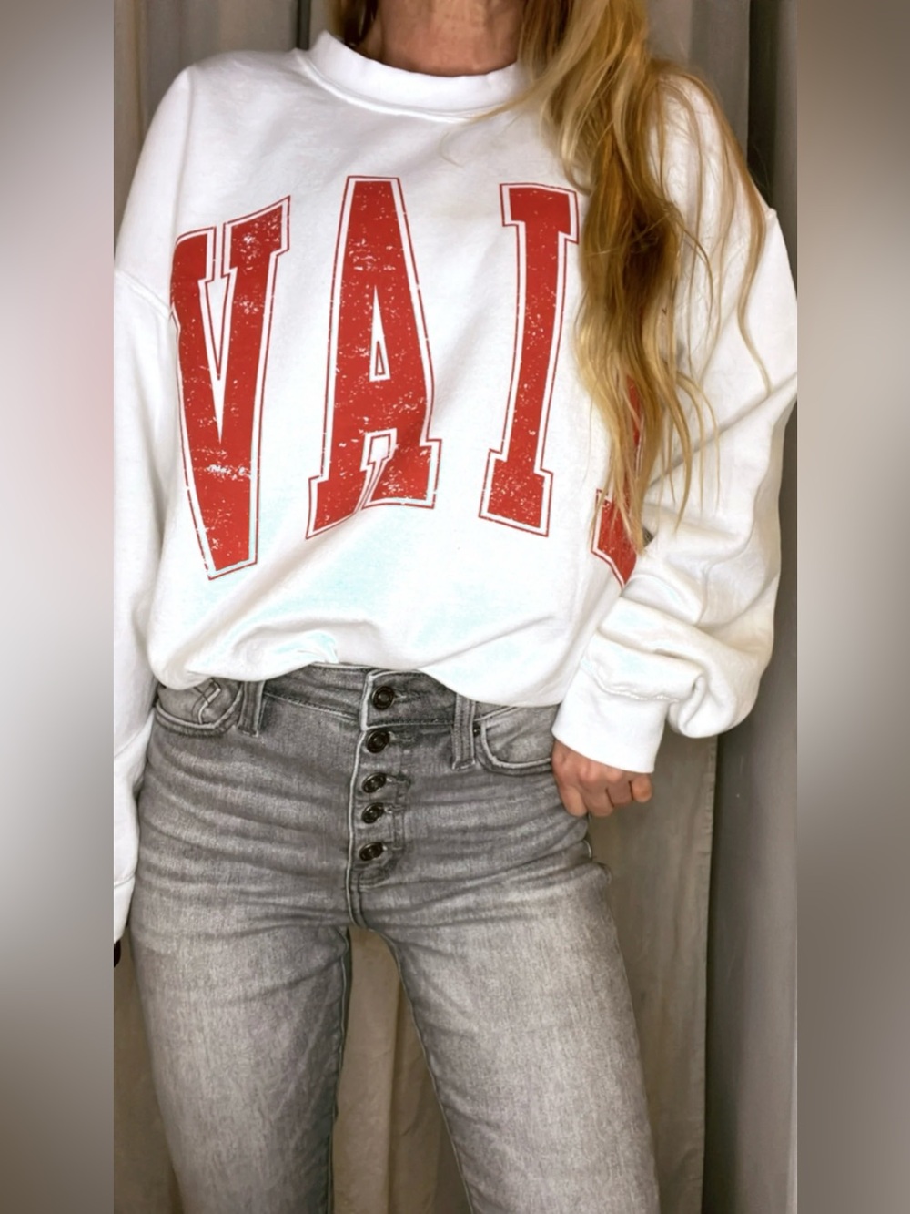 Altar'd State White Sweatshirt with Distressed Red Varsity Letters